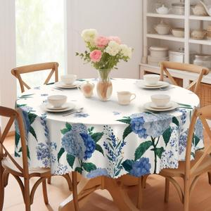 Eikione Round Tablecloth, Summer Tablecloths Polyester Waterproof Stain Wrinkle Free, Indoor and Outdoor Table Cover for Kitchen Party Dining Table (Hydrangea), Size: 60" (Round)