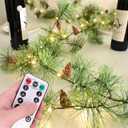 PALONMY Remote Christmas Smokey Pine Garland with Lights 6.56FT Garlands with Timer 30 LED Fairy Lights Battery Operated Garland Lights with Pinecones Christmas Pre-lit Light for Home