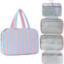 Toiletry Bag for Women Travel Water-resistant Cosmetic Bag Fashion Stripes Makeup Bag with Hanging Hook Preppy for Store Toiletries Cosmetic Accessories Medium Rose Red