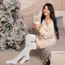 Yolev White Knee High Boot Socks - Knit Womens Long White Thigh High Socks for Boots Stretchy Striped - Thigh Highs Stockings for Women Girls Student Casual (White)