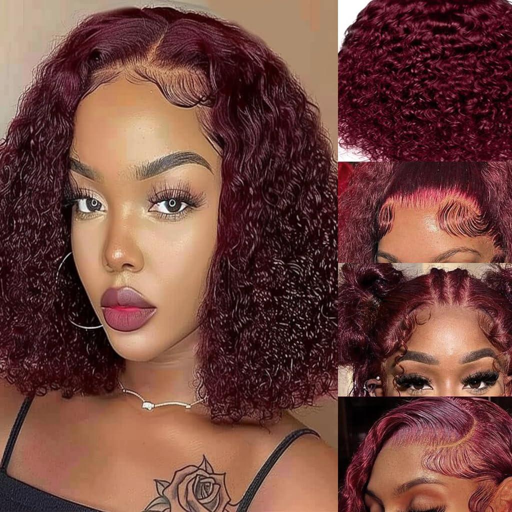 99J Burgundy Curly Human Hair Wig 13x4 HD Lace Front Wigs Glueless Hair Short Bob Human Hair 180% Density Suitable for women Wave wigs 12 Inch