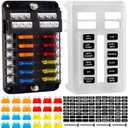 Fuse Block, 12v Fuse Box Holder with Led Indicator Waterproof Cover, Cyrico 12 Circuits Panel with Negative Bus for 12V/24V Automotive Car Truck Boat Marine Rv Trailer, 24 Pcs Blade Inserts