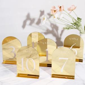 UNIQOOO Gold Mirror Arch Wedding Table Numbers with Stands 1-20, 5x7 Acrylic Display Signs and Holders, Pack of 20, Perfect for Centerpiece, Reception, Decoration, Party, Anniversary, Event