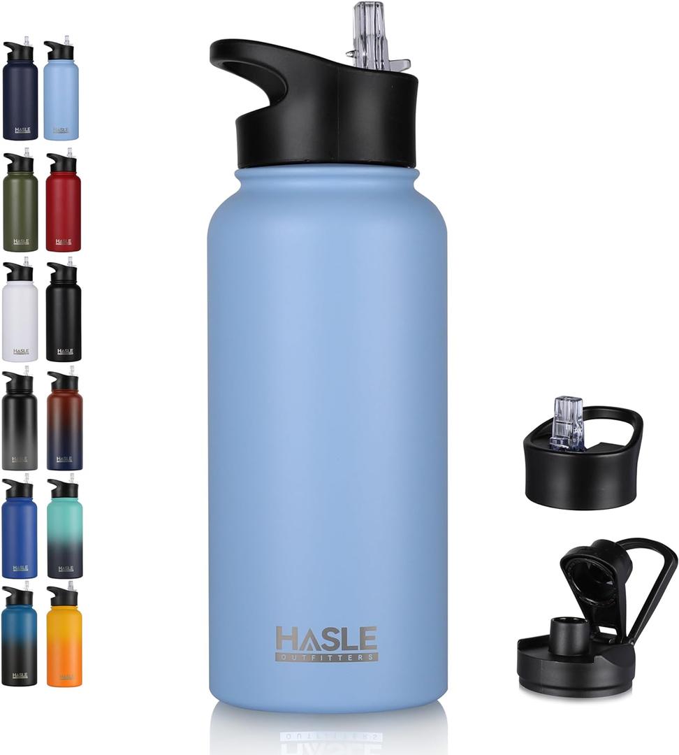 HASLE OUTFITTERS 32 oz Insulated Water Bottle Stainless Steel Double Walled Vacuum Sports Water Bottle with 2 Lids (Straw and Spout Lid) for Gym Camping HikingBlue,1)