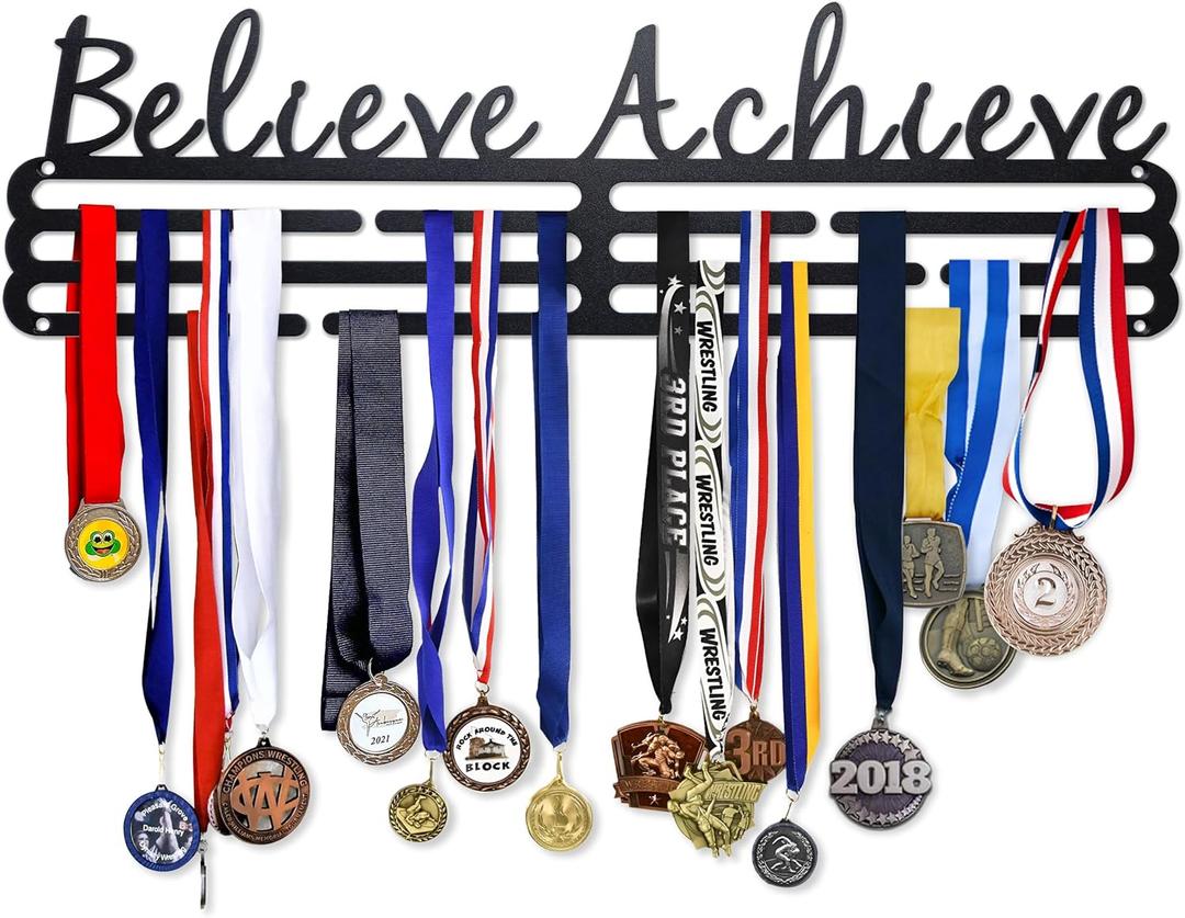 Generic Believe Achieve Medal Holder and 50 Ribbon Hanger Display for Gymnastics, Marathon and 5K Running, Dance, and Sports, Large Award and Trophy Shelf, Steel Wall Mount with Hardware, Black