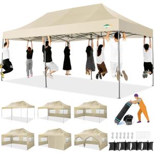COBIZI 10x20 Heavy Duty Pop up Canopy Tent with 6 sidewalls Easy Up Commercial Outdoor Canopy Wedding Party Tents for Parties All Season Wind & Waterproof Gazebo with Roller Bag,Khaki(Frame Thickened)