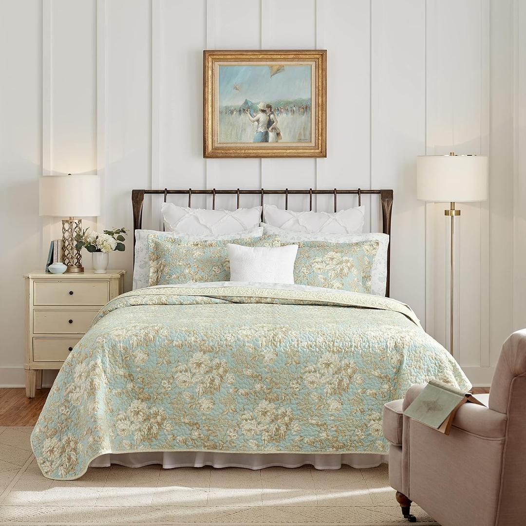 Laura Ashley Home - Twin Quilt Set, Cotton Reversible Bedding with Matching Sham, Bedroom Decor Ideal for All Seasons (Brompton Green, Twin)