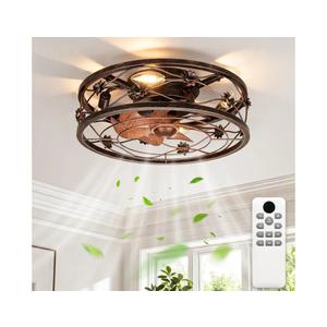 ropelux Caged Ceiling Fan with Lights, Rustic Farmhouse Low Profile Ceiling Fans Light with Remote