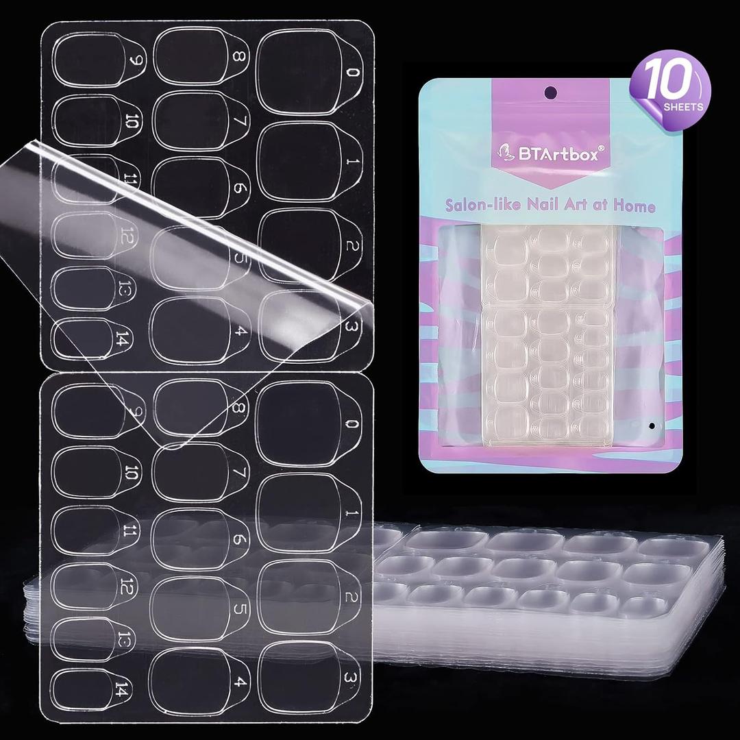 BTArtbox 10 Sheets 15 Sizes Ultra Thin & Waterproof Nail Stickers for Fake Nails, 300PCS Double Sided Jelly Nail Sticky Tabs for Manicure