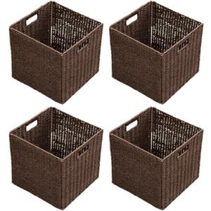 Handwoven Paper Woven Cube Basket Organizer with Handles set of 4 Foldable Storage baskets for Bedroom Living Room Cubby Storage Units for Clothes Books Toys (Brown, 13" L x 13" W x 13" H)