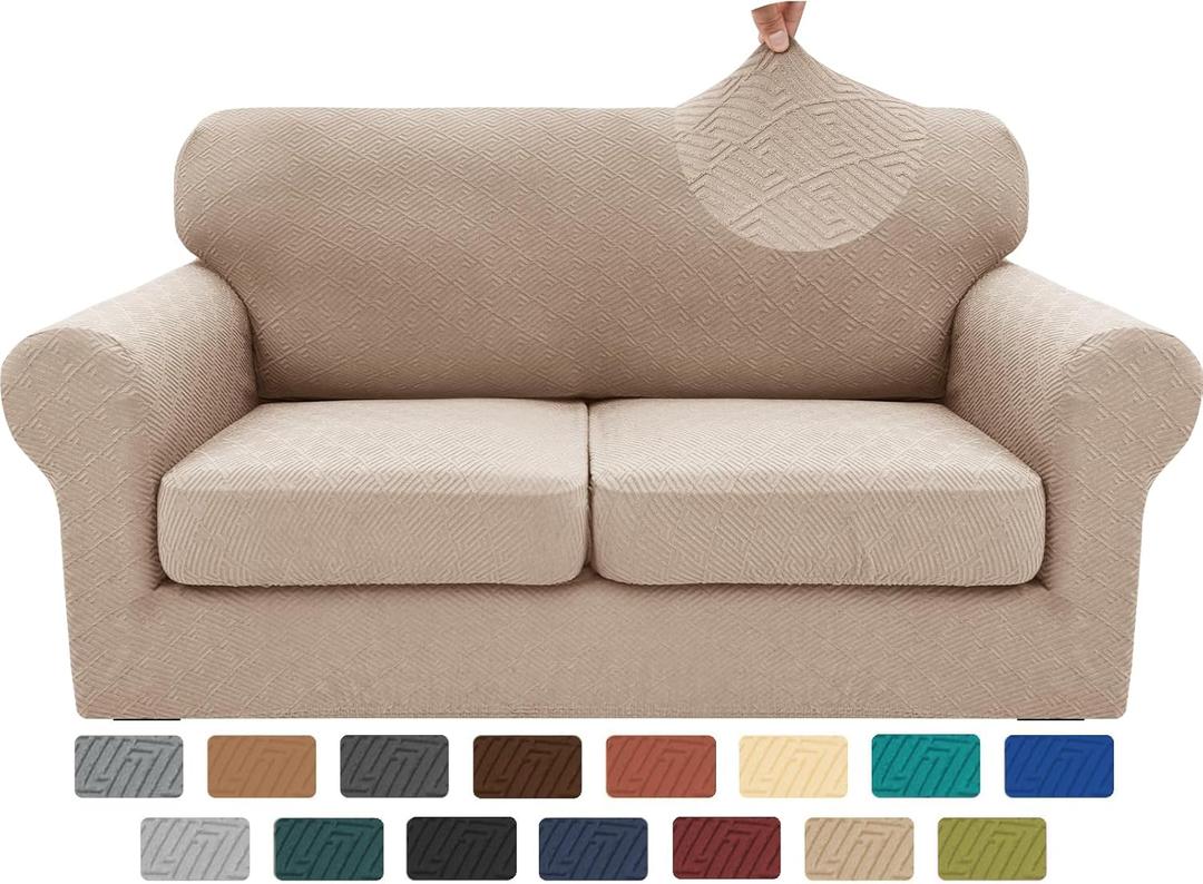 XINEAGE 2025 New 3 Pieces Couch Covers for 2 Cushion Sofa Super Stretch Loveseat Slipcover Pet Dog Universal Slip Cover Anti Slip Love Seat Furniture Protector (Khaki, 55"-69")