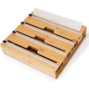 4-in-1 Bamboo Wrap Organizer with Cutter  Holds Plastic Wrap, Foil, Parchment & Paper Towels  Drawer or Countertop Use  Durable Bamboo Dispenser with Labels