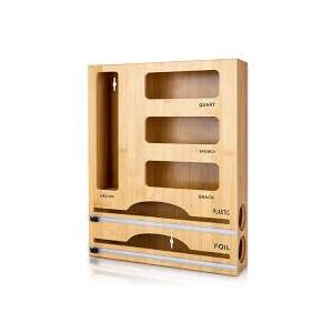 Storage Bag Organizer with Foil and Plastic Wrap Organizer , Aluminum Foil Dispenser with Cutter, Bamboo 6 in 1 Baggie Organizer Suitable for Gallon, Quart, Sandwich, Snack