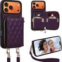 Keallce Case for iPhone 17 Pro Max 6.9'' Wallet Case, Crossbody Zipper Purse with Wrist Strap Lanyard Handbag, RFID Blocking Card Holders, Flip Leather Cover for iPhone 17 Pro Max, Darkpurple