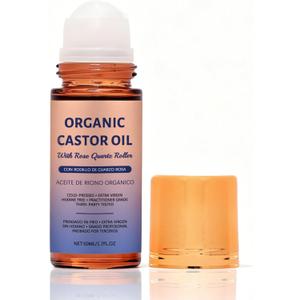 Organic Castor Oil Roll On with Rose Quartz Roller, 100% Castor Oil Organic Cold Pressed, for Face and Body, Hair, Eyebrows, Moisturize Skin(1 PC)
