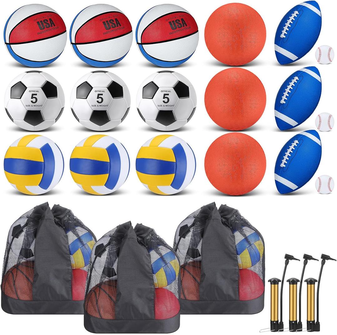 Leyndo 18 Pcs Sport Balls Bulk Set Basketball Football Volleyball Soccer Playground Baseball with Sport Equipment Bag Pump for Youth Adults Outdoor Indoor Practice Gift Back to School, Blue