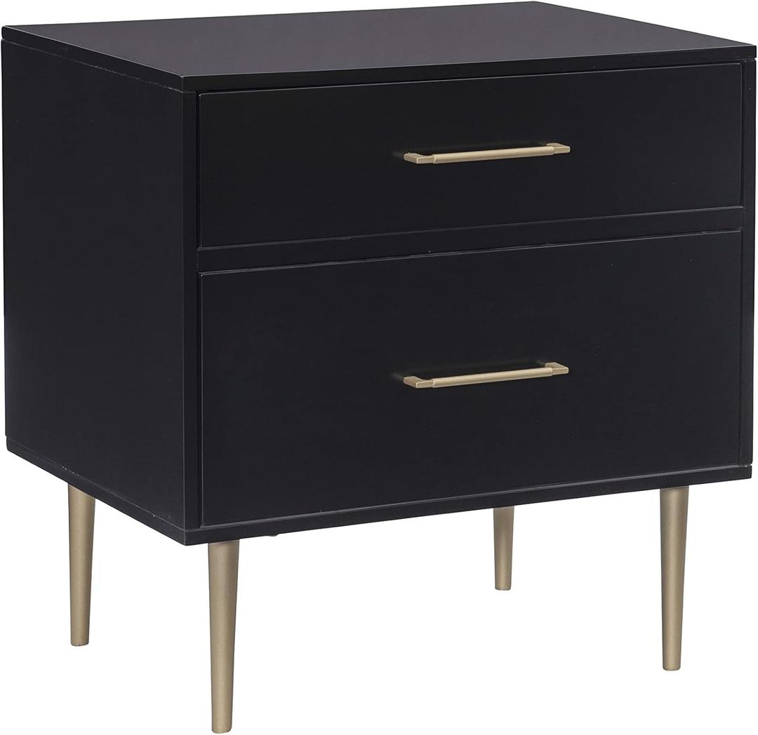 Linon Lennon Modern Black Two Drawer Nightstand with Gold Hardware and Modern Gold Legs