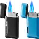2 Pack Mini Butane Lighter, Double Jet Torch Lighter with Visible Window, Refillable and Adjustable Pocket Lighter, Great Little Gift for Men and Women, Black and Blue (Without Gas)