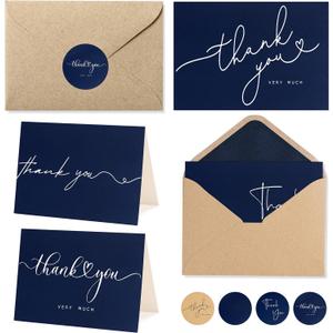 100 Bulk Navy Thank You Cards with Kraft Envelopes and stickers - 4 Minimalistic Designs Blank Thank You Notes with Envelopes Matt for business Wedding Bridal Gift Baby Shower Business Graduation
