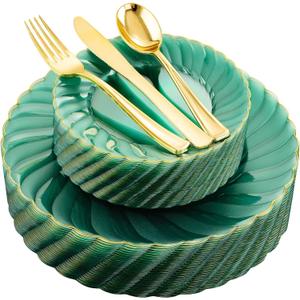 YOUBET 125PCS Clear Green Plastic Plates with Gold Rim - Green and Gold Plastic Plates Include 25 Dinner Plate 25 Dessert Plate 75 Disposable Silverwares for Wedding & Party