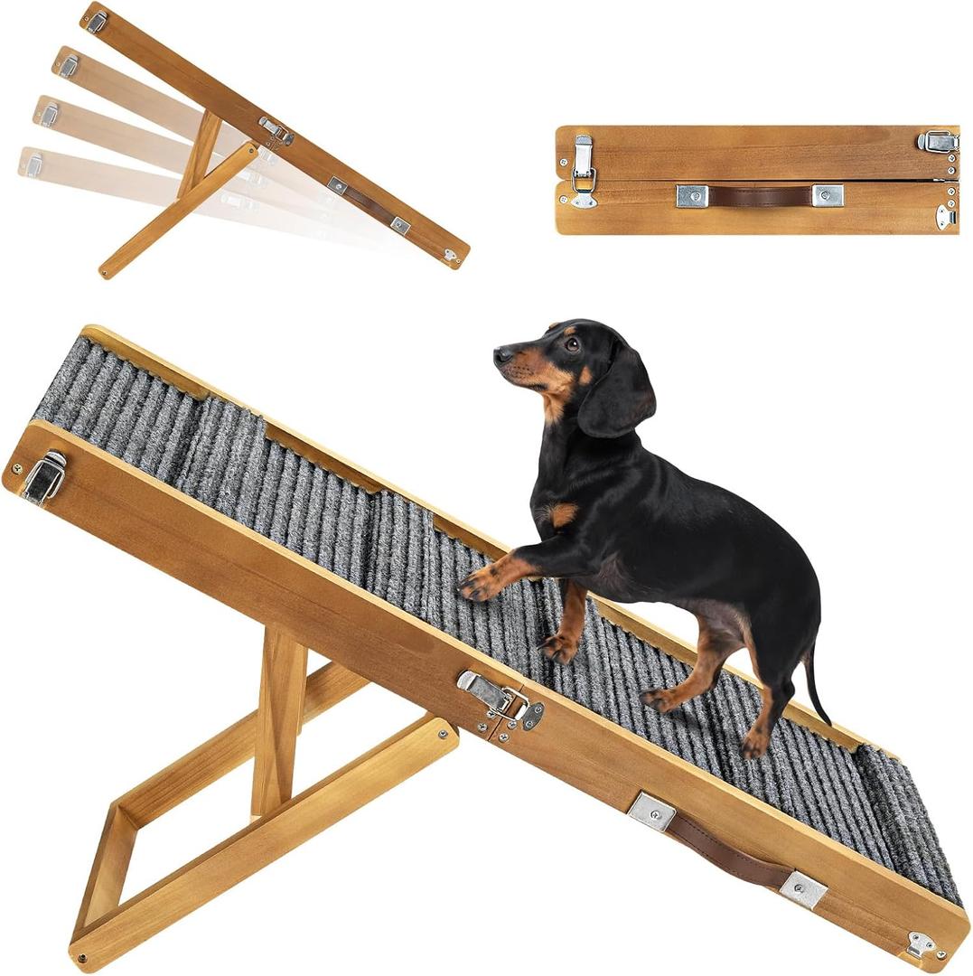2026 Upgraded Dog Ramp for Couch, Foldable Small Dog Ramp for Sofa, 4 Adjustable Height from 13'' to 21", Portable Stable Pet Step with Non-Slip Pad, Pet Ramps Use for Couch Stairs, Walnut