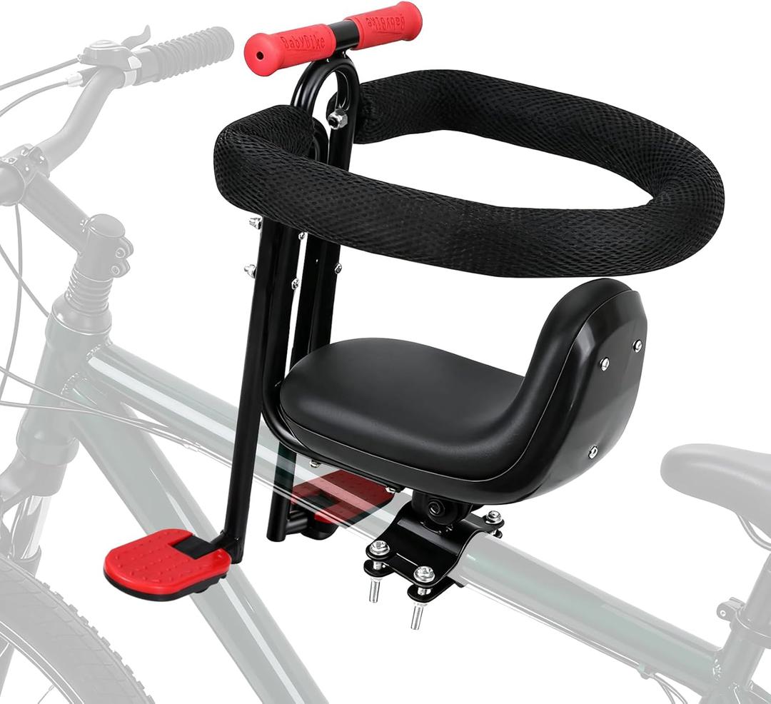 FRTUI Kids Bike Seat, Front Mounted Child Bike Seat, Fully Enclosed Guardrail, Height Adjustable, with Foot Pedals, Bike Seat for Kids for 2-5 Years, Compatible with All Adult MTB