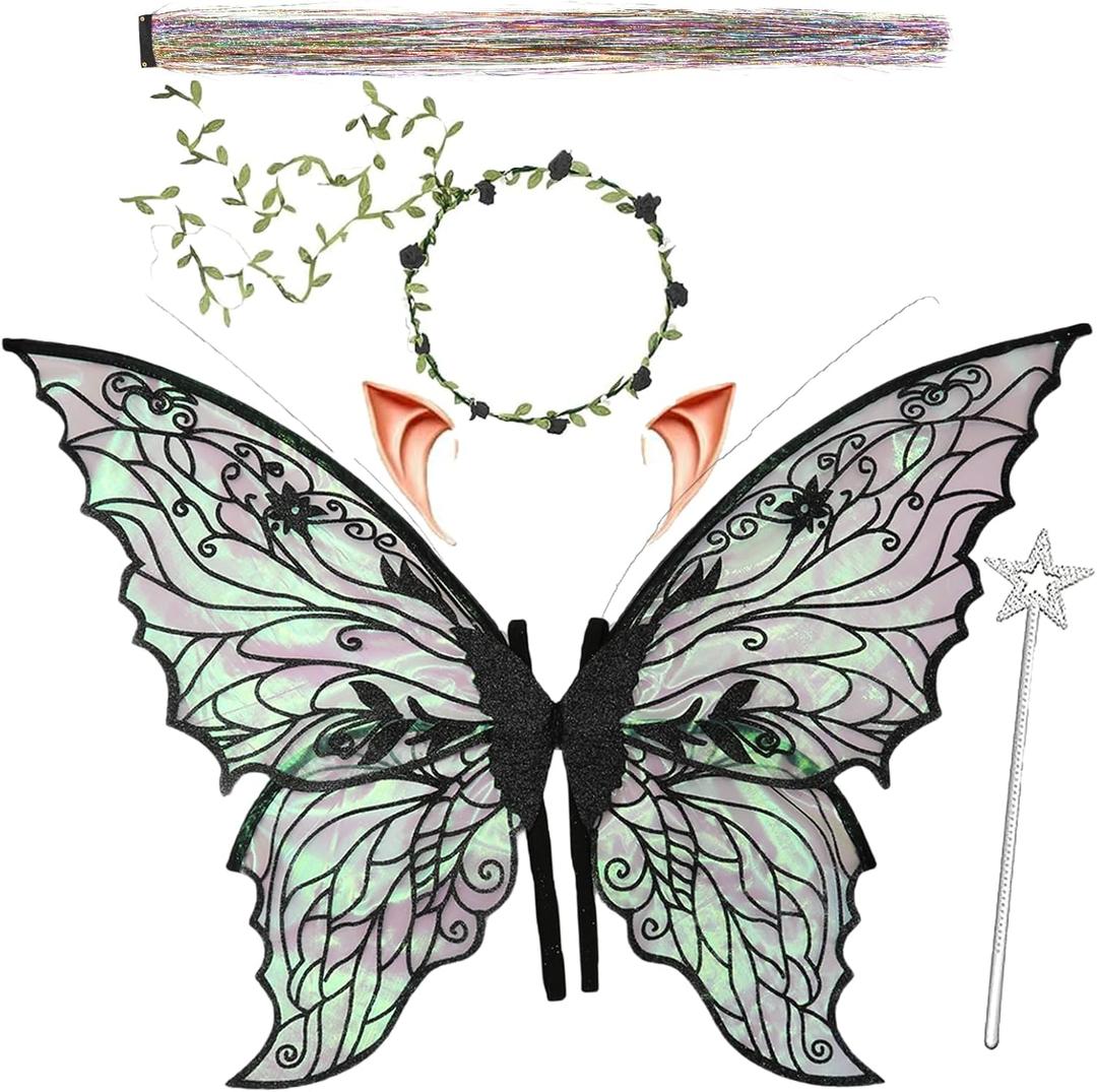 Fairy Wings for Adults and GirlsFairy Costume Set with Floral Garland, Fairy Hair Tinsel, Wand & Elf Ears  29"x21" Organza Butterfly Wings  Ideal for Cosplay, Party, Black