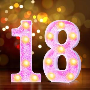 Rumia 8.6 Inch Pink 18 Decorative LED Light Up Numbers Glitter 18 Numbers Signs for Night Party Decorations 18 Led Sign for 18th Birthday Anniversary Wedding Party Supplies (Battery Not Included)