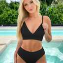 OQQ 2 Piece Bikini Set V Neck Popular Swimsuit High Waisted 2026 Summer Beach Swim Bathing Suits (Black, S)