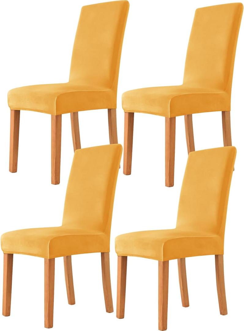 Deisy Dee Velvet Stretch Dining Room Chair Covers Colorful and Washable Parson Chair Slipcovers Stretchable Removable Furniture Protectors (4, Yellow)