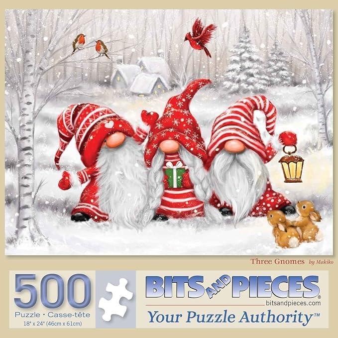 Bits and Pieces  Large 500 Piece Jigsaw Puzzle for Adults  Three Gnomes' Christmas Winter Jigsaw Puzzle by Artist Makiko, Completed Puzzle Size: 18" x 24"