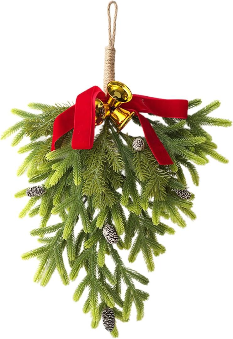 Christmas Teardrop Swag | Bowknot Bell Decoration | Greenery Pine Swag,for Holiday Christmas Family Friend Outdoor Home Door Wall Stairway