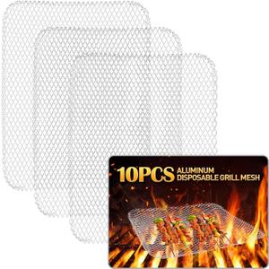 10 Pcs Disposable Grill Topper,16x12 Inch Grill Mesh Mat Disposable Pans,Non-Stick BBQ Aluminum Mats for Outdoor Grills, Easy to Clean