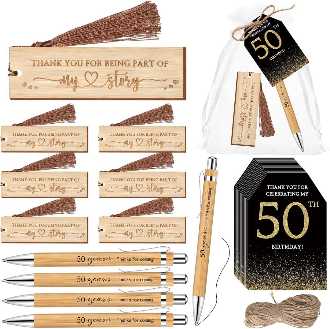 Sinload 25 Sets Birthday Favors for Guests 25 Thanks for Coming Bamboo Pens 25 Wooden Bookmarks 25 Cards with Organza Bag for Adult Birthday Wedding Anniversary Party Souvenir(50th)