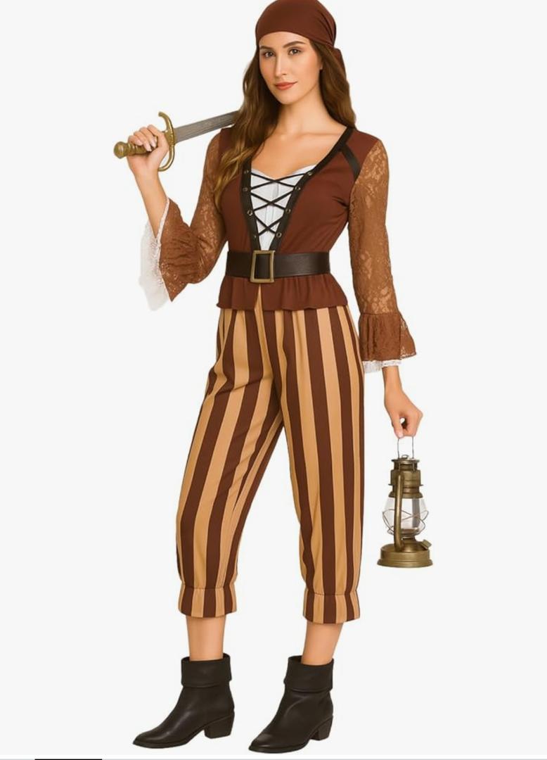 EraSpooky Women Pirate Costume Classic Striped Buccaneer Outfit S