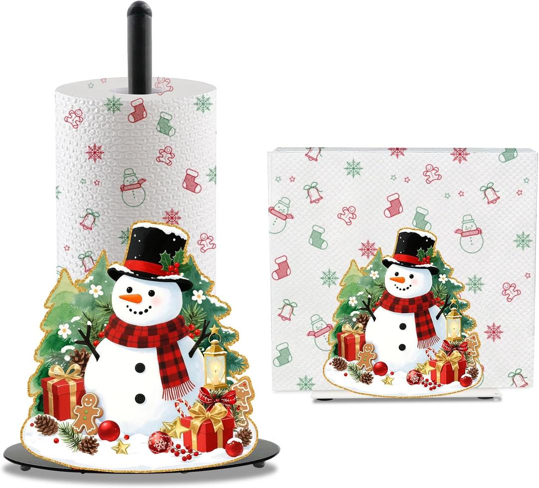 Snowman Christmas Paper Towel Holder, Iron Christmas Decorations Indoor with Round Base, Snowman Decorations for Home, Xmas Paper Towel Holder Stand Accessories for Bathroom Kitchen Dining, 2 PCS