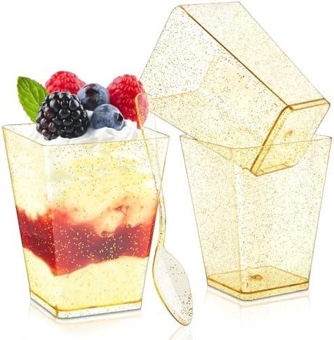 Qeirudu 5 oz Gold Glitter Mini Dessert Cups with Spoons - 50 Pack Plastic Parfait Cups Square Dessert Shooter Cups for Party Serving Pudding Cheesecake Mousse Jello