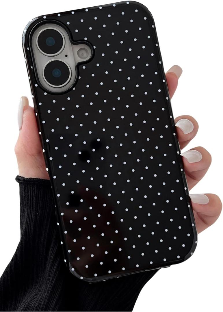 Compatible with iPhone 17 Case Cute Aesthetic Polka Dot Phone Case for Women Girl Shockproof Slim TPU and Hard PC Protective Cover (Black)
