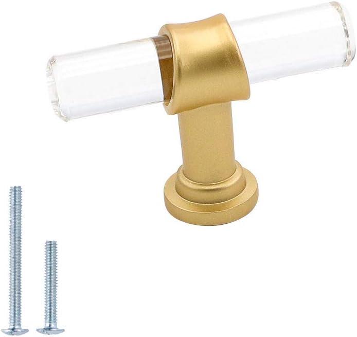 Goldenwarm 5 Pack Crystal Drawer Knobs Gold Cabinet Knobs Single Hole T Bar Lucite Acrylic Kitchen Hardware for Kitchen Cupboard Bathroom 2"/50MM Length, Matte Gold, 5