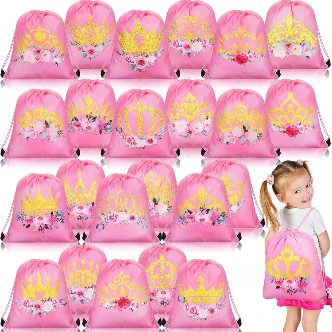 Sweetude 24 Pcs Princess Party Gifts Bags Princess Crown Small Pink Drawstring Bags Decoration Favor Storage for Girls Kids Birthday Wedding Party Decoration