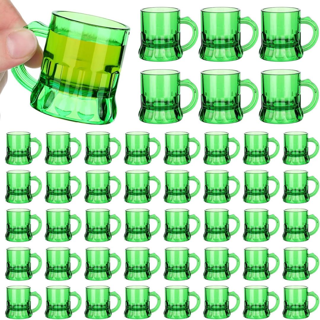 Gemscream 48 Pcs St Patricks Day Green Mini Plastic Beer Mug Irish Shot Glasses with Handles Irish Gifts Party Favors Green Plastic Miniature Beer Cup for Saint Patty's Day Celebration