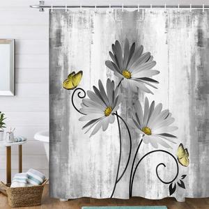 Rustic Farmhouse Shower Curtain, Farm Gray Daisy Floral Flowers and Butterfly on Country Wooden Shower Curtain for Bathroom, 70X84IN with 12PCS Hooks (Grey)