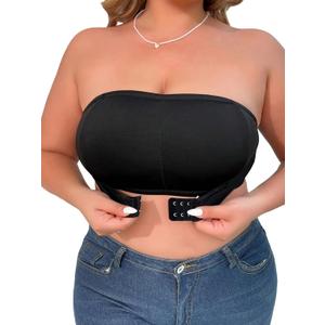 WDIRARA Women's Plus Size Solid Button Front Bandeau Bra Strapless Wireless Bras (X-Large Plus, Black)