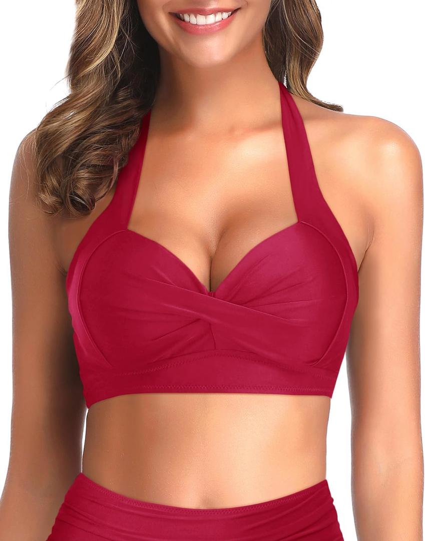 Tempt Me Women Halter Bikini Tops Push Up Retro Bathing Suits Padded Swimsuit Top Only No Bottom (Small, Red)