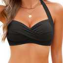 Yonique Women Halter Bikini Top Push Up Swimsuit Top Retro Swim Top Twist Front Bathing Suit Top Only (Black, XL)