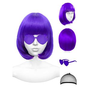 Purple Wig and Party Sunglasses, 12 Inch Dark Purple Bob Wigs for Women, Neon Glasses Short Wigs for Women - Bachelorette Party Wigs Decorations Favors (Purple)