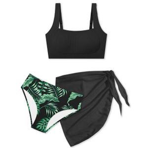 TyeSmo Girls Swimsuit Size 10 Girls Size 10 Swimsuit Girl 8-10 Adjustable Straps Girl Bathing Suit Modest Swimwear Ribbed Bikini Tropical Floral 2 Piece Swimsuit with Mesh Cover Up Black