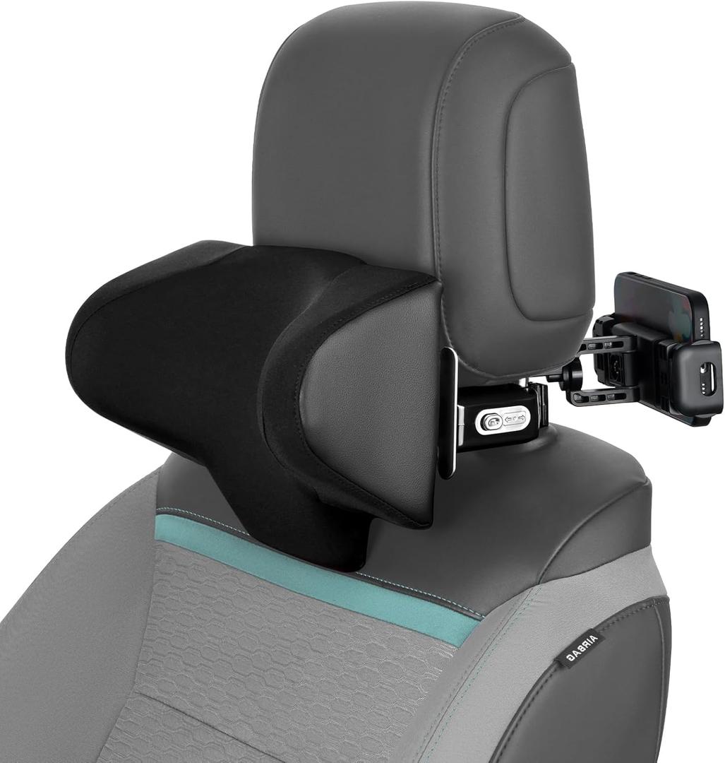Adjustable Car Headrest Pillow, Car Neck Pillow for Driving Seat Head Support Memory Foam Rest with Hook and Tablet Phone Holder Mount (1 Set) (Black)