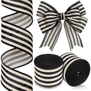 Moukeren 2 Rolls Black and Cream White Stripe Wired Edge Ribbon Halloween Rustic Ivory Boho Black and White Ribbon for Christmas Party Gift Wrapping Bow DIY Craft Home Decor(2 Inch, 20 Yard)