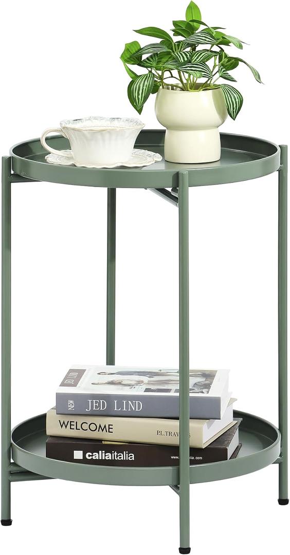 2-Tier Round End Side Table, Small Metal Side Table with Removable Tray, Folding Accent Tables for Living Room, Balcony, Nightstand for Bedroom, Outdoor Tables for Patio, Sage Green